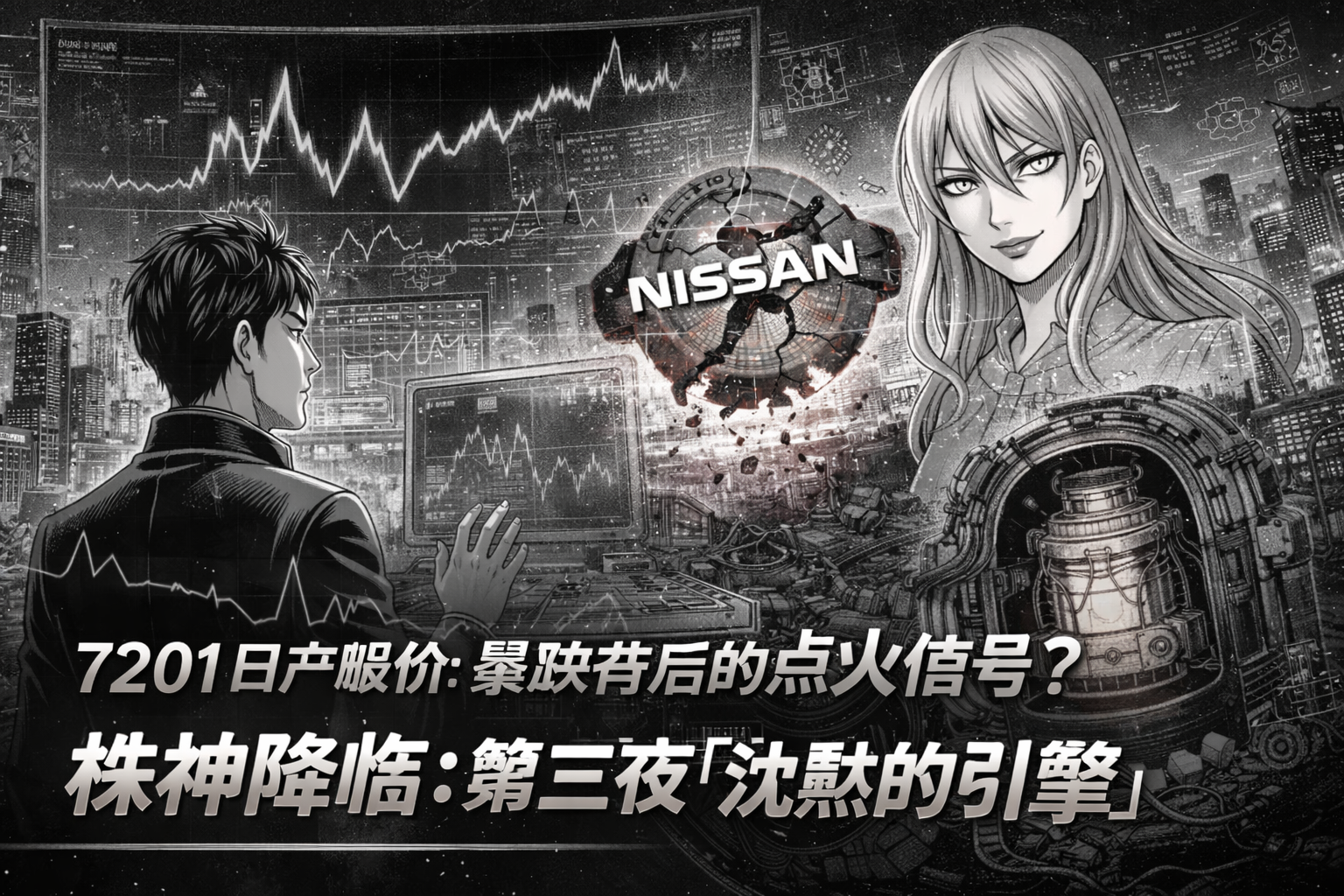 7201 日産自動車 株価 業績予想 考察。四季報データと AI 投資が暴く諸神の黄昏。日経平均 (Nikkei 225) 構成銘柄の深層と JPX 市場の因果律。神代吹雪与 Elizabeth Zero 封面。