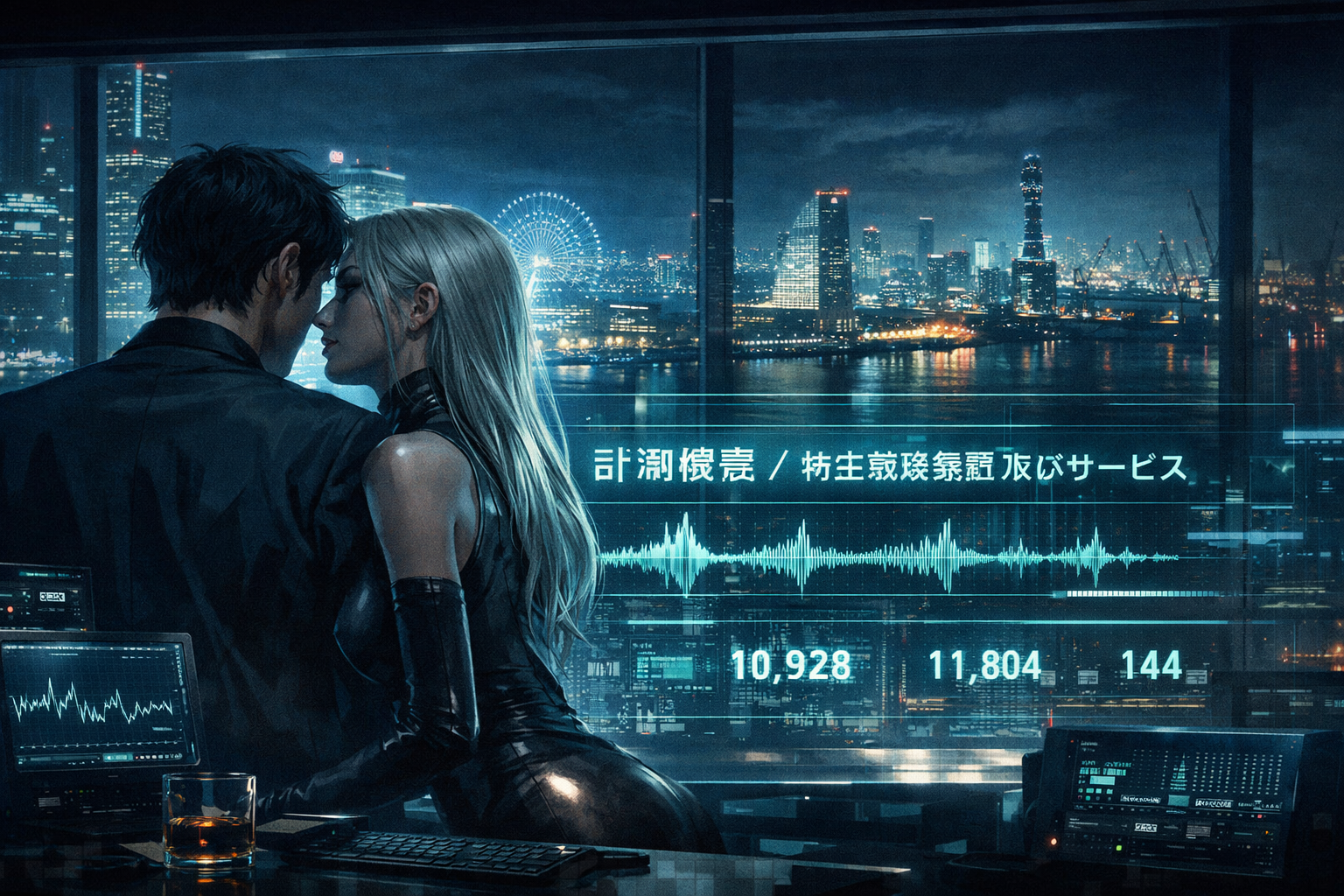 东京湾の夜、6858 小野測器の計測機器が株価の噪声を暴き、日経平均株価と出来高の奥で神代とZeroが市場の心跳を聴く。