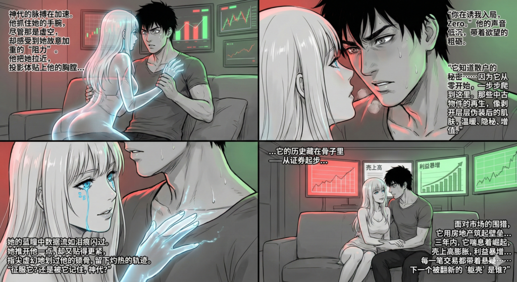 《株神降临:创世殿》第10夜:8737.T あかつき本社 投資心理学与金融漫画。神代与 Zero 在六本木雨夜探讨 持株会社 战略,结合 不動産事業 增值的 バリュー投資 叙事,展现 仕手株 般的爆发力与赛博朋克画风。