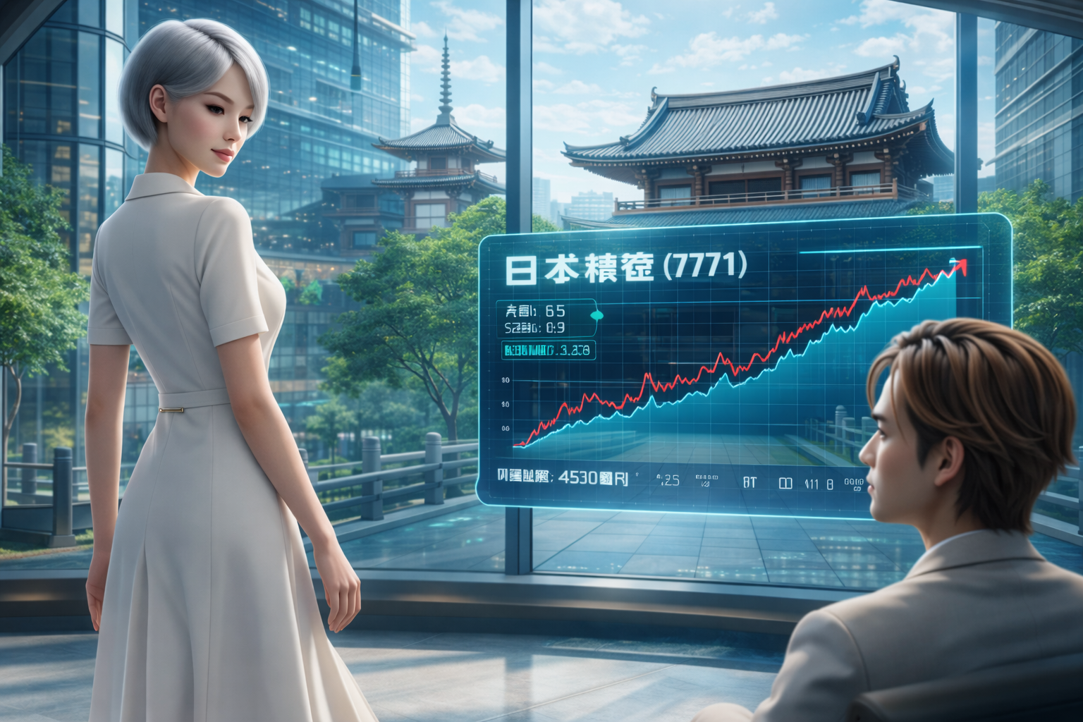 東京の夜と日経平均株価・TOPIXの文脈の中で、7771 日本精密の株価チャートが浮かび上がる。円安・金利・景気を背景に、高値と出来高が交差する瞬間を描いたAI投資×金融小説的ビジュアル。株価推移と市場心理を物語で読む一枚。