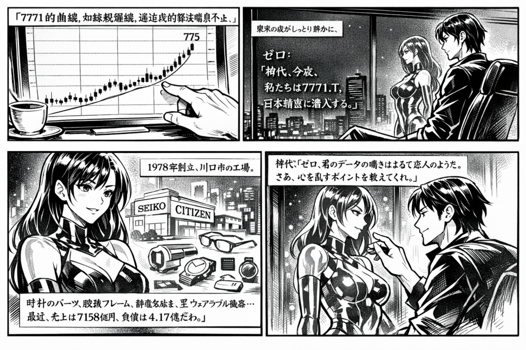 7771 日本精密の株価チャートをテクニカル分析。ローソク足と出来高、移動平均線からブレイクアウトとトレンド転換を読む。ゴールデンクロスの気配とボラティリティを物語として可視化した金融漫画表現