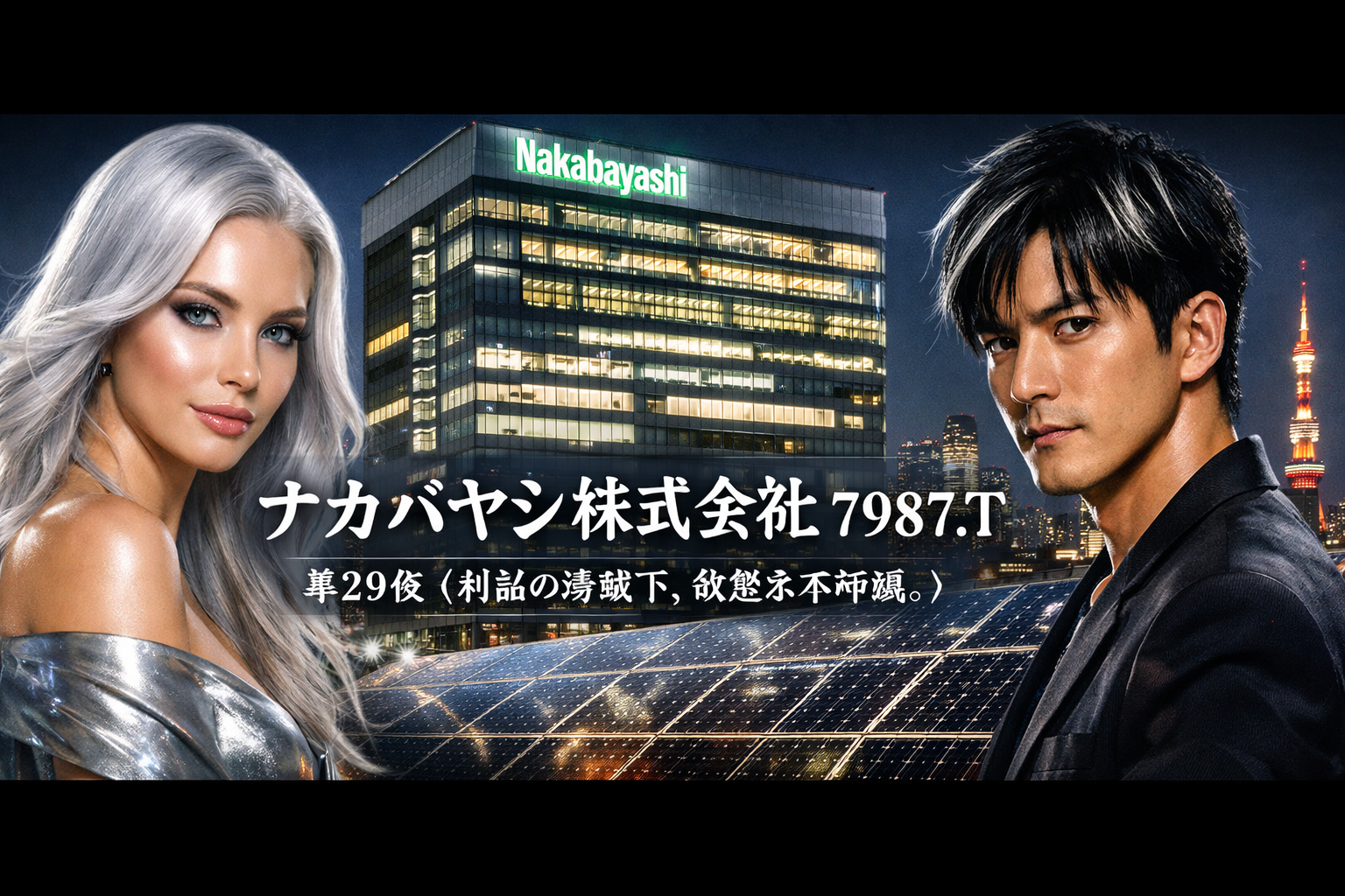 7987.T ナカバヤシ 株価チャートと東京夜景。日経平均株価・TOPIX・東証の文脈で読む株価推移と出来高、円安と景気の中で浮かび上がる文具からエネルギーへ変容する企業の時価総額とボラティリティ。