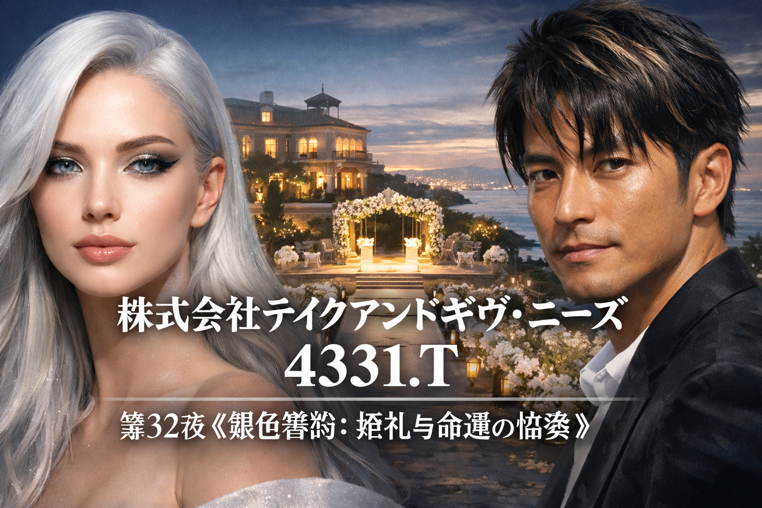 東京資本市場の夜。4331.T テイクアンドギヴ・ニーズ 株価チャートとTRUNK(HOTEL)を背景に、富裕層ビジネス・ハウスウェディング・資産再評価が交錯する物語。日本株 投資 ストーリー 株価推移 市場心理。