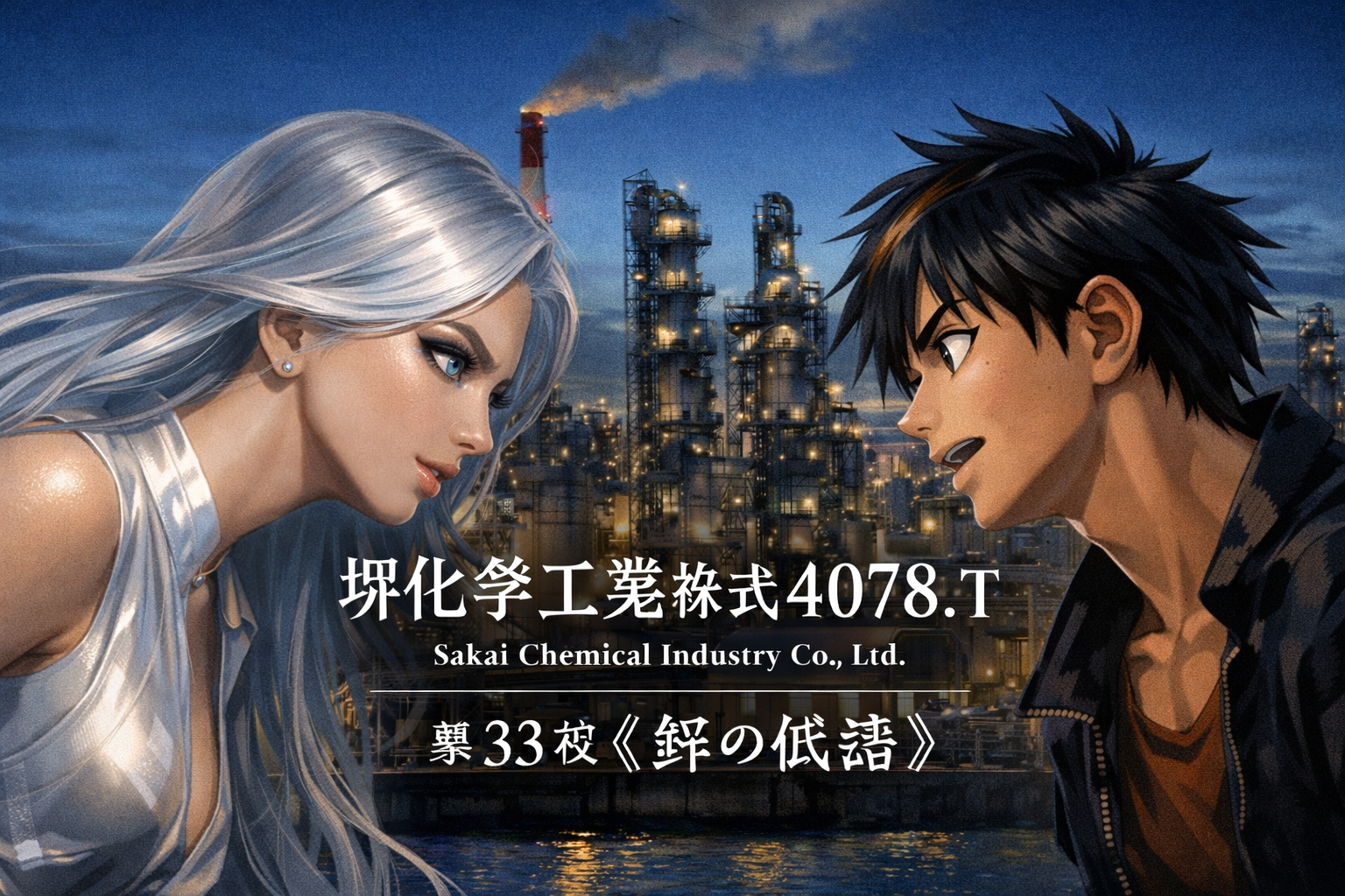 东京夜色下の東証テーマ. 4078.T 堺化学工業(株)｜第33夜《锌的低语》. 日経平均株価・TOPIX・円安・金利の空気の中で株価チャートが呼吸する. 株価推移・出来高・時価総額の低语里，Zeroの银发与神代的视线交错，像化学反应前的静电.