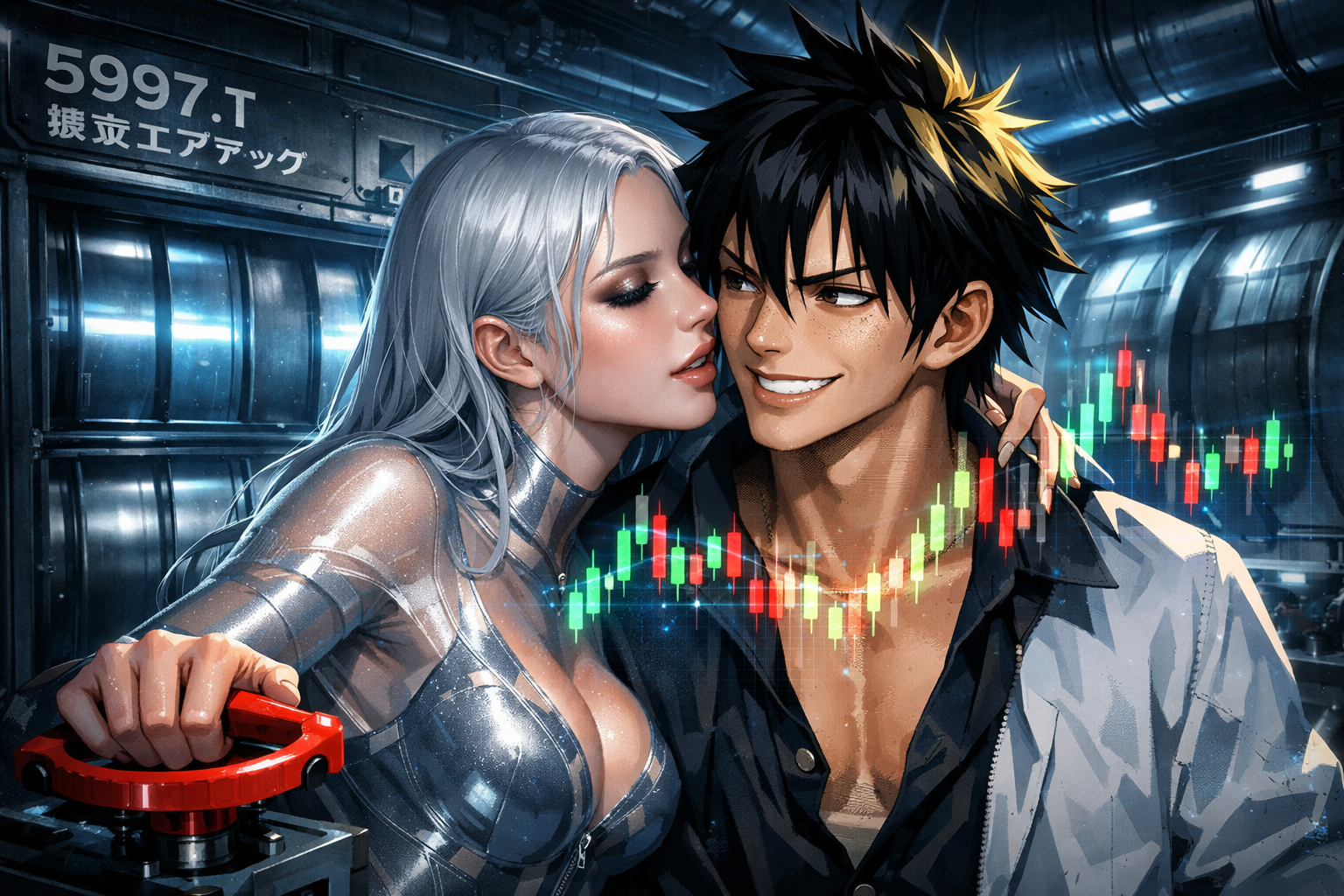 協立エアテック5997.Tの株価チャートが夜の東京に浮かぶ、円安の風に揺れるK線で呼吸が加速する瞬間、日経平均と時価総額の脈動が神秘的に絡み合う AI投資の物語。