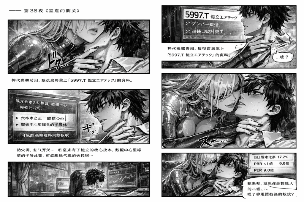 協立エアテック5997.TのK線が銀髪のZeroと絡みつくように浮かぶ、夜の東京で株価の脈動が加速する金融小説のワンシーン、AI投資の神秘と性感的な緊張が漂うog:image。