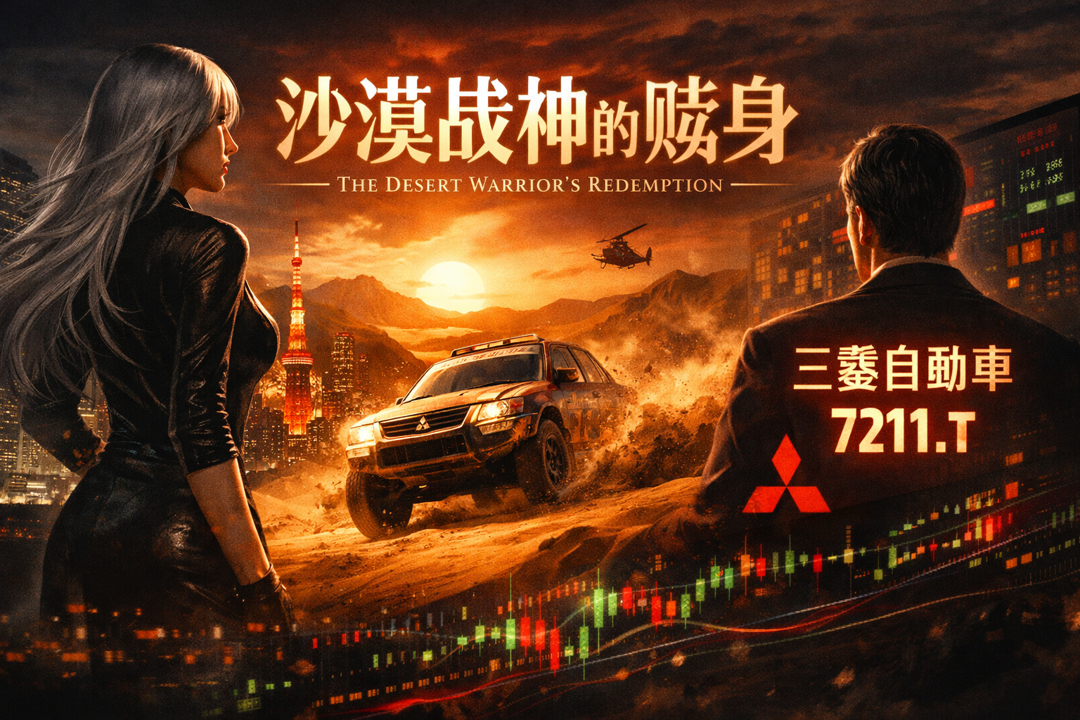 东京夜景下的金融神殿，高层窗前的神代吹雪凝视7211.T三菱自動車的株価走势，日经平均与円安背景中，旧日汽车神话与资本再生交织，市场情绪、价格波动与时代转折在静默中并行。