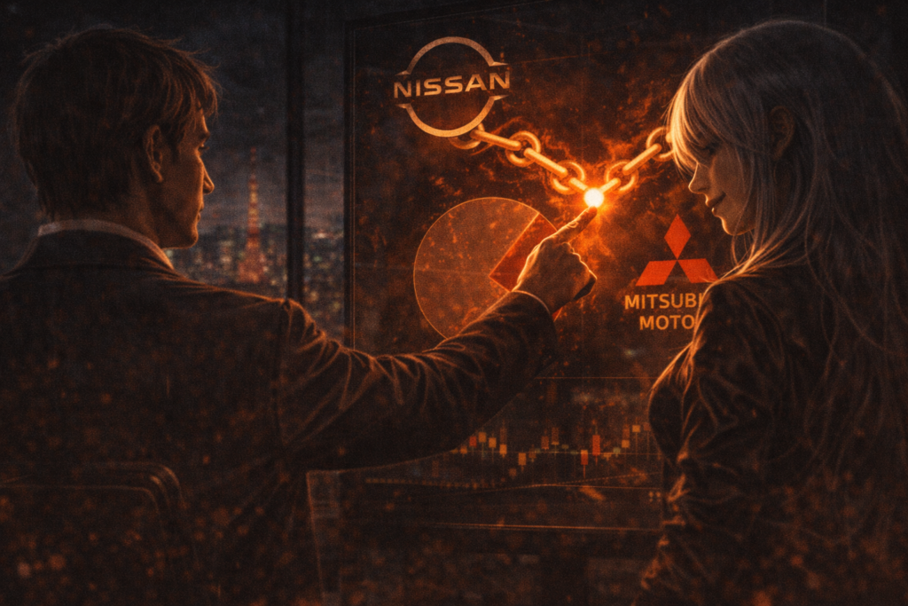 三菱自動車の基本面を暗示する静かな構図，業績回復、財務体質、東南アジア事業と連結決算の流れが、短期では測れない企業価値と長期視点を語る。