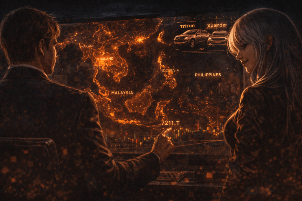 再評価の気配が漂う東京の夜，7211.T三菱自動車をめぐる資本関係と市場視線が交錯し，株価、出来高、投資家心理が静かに均衡点を探している瞬間。