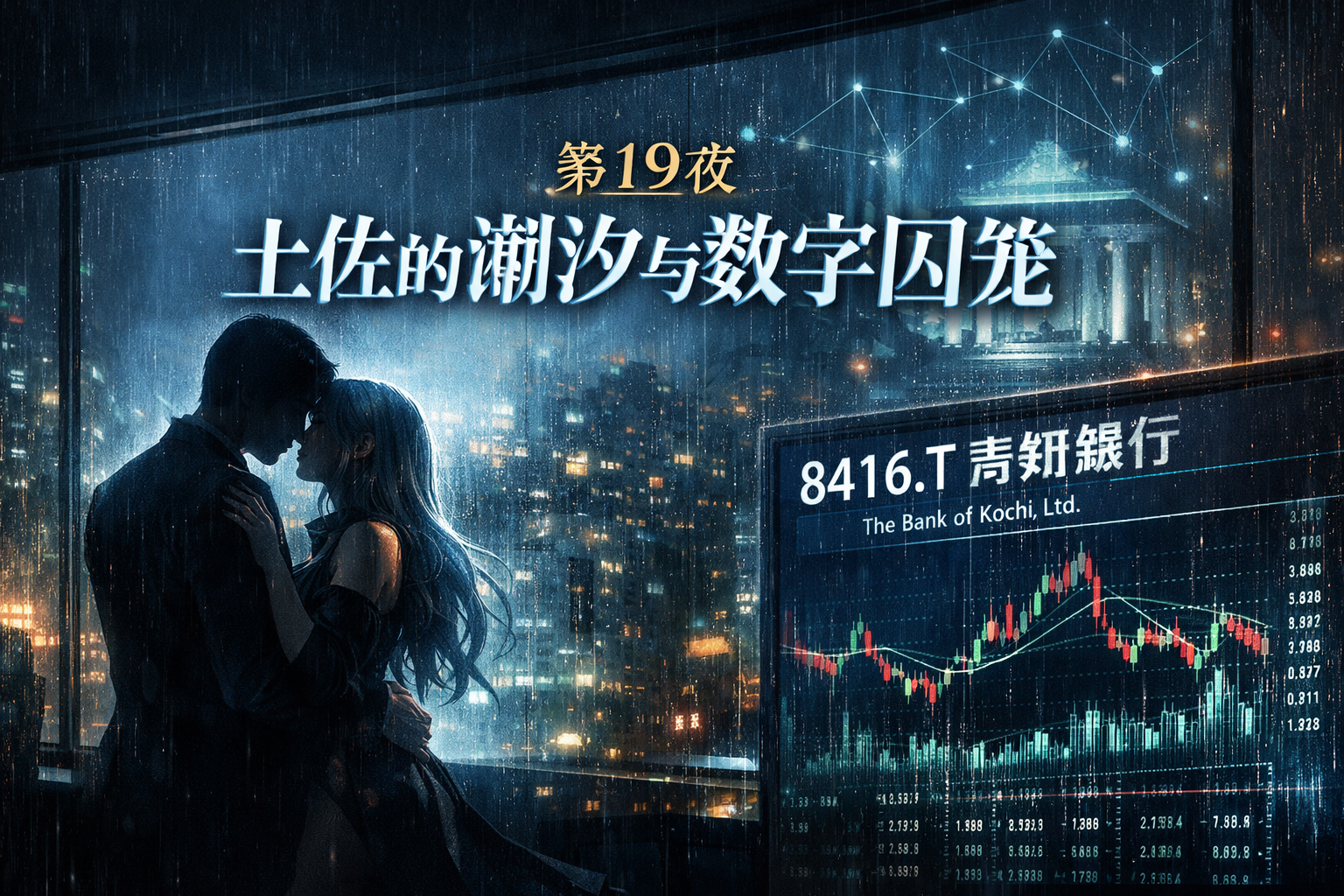暴雨中的東京高層公寓，神代与Zero凝视8416.T 高知銀行の株価チャート，在日経平均株価と金利環境的压迫下，地方銀行がデジタル金融へ吞噬的预兆浮现，潮汐般的低PBR与市場心理交织成神殿的入口。