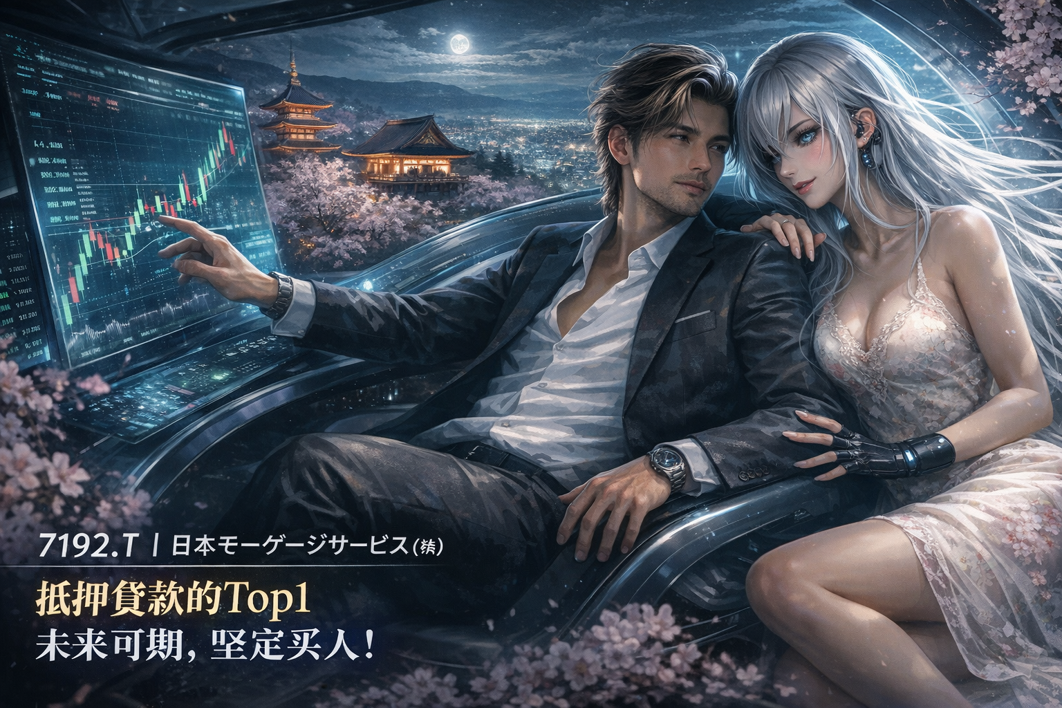 六本木深夜高层公寓内，神代与AI Zero在日経平均株価与東証K线光影中对峙。日本モーゲージサービス(7192.T)的株価チャート实时投影，展现時価総額与市场宏观语境下的景气波动，开启一段サイバーパンク风格的金融小説序幕。