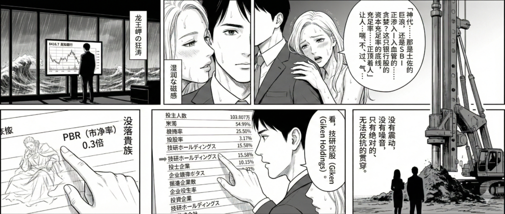 8416.T 高知銀行のテクニカル分析,出来高低迷と移動平均線の収束が示すブレイクアウト前夜,株価チャートは土佐湾の潮のように張り詰め,神代とZeroの呼吸も交差する。