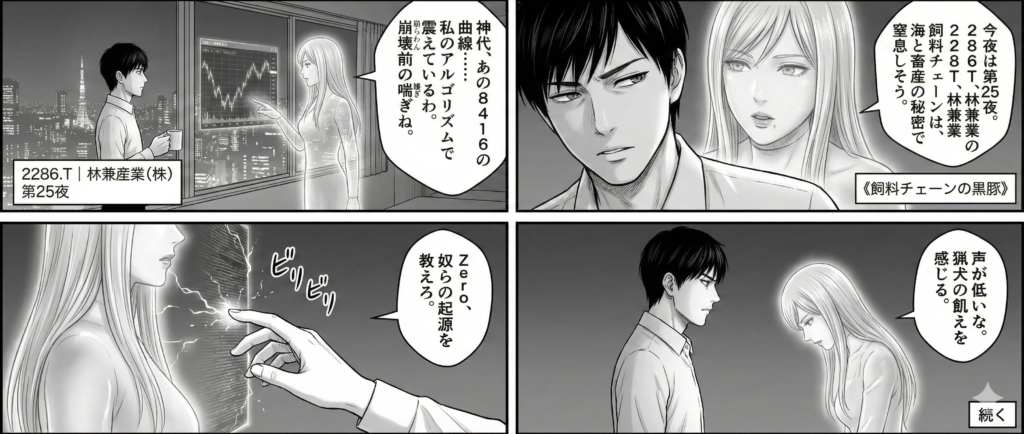 Zero的全息手指划过ローソク足チャート，林兼産業の移動平均線交织成ゴールデンクロス，テクニカル分析捕捉トレンド的ブレイクアウト瞬间，神代的呼吸在サポートライン的边缘凝固，悬疑的デッドクロス如隐秘的触碰般颤动. 黑猪肉的纹理仿佛融入ボラティリティ的曲线中.