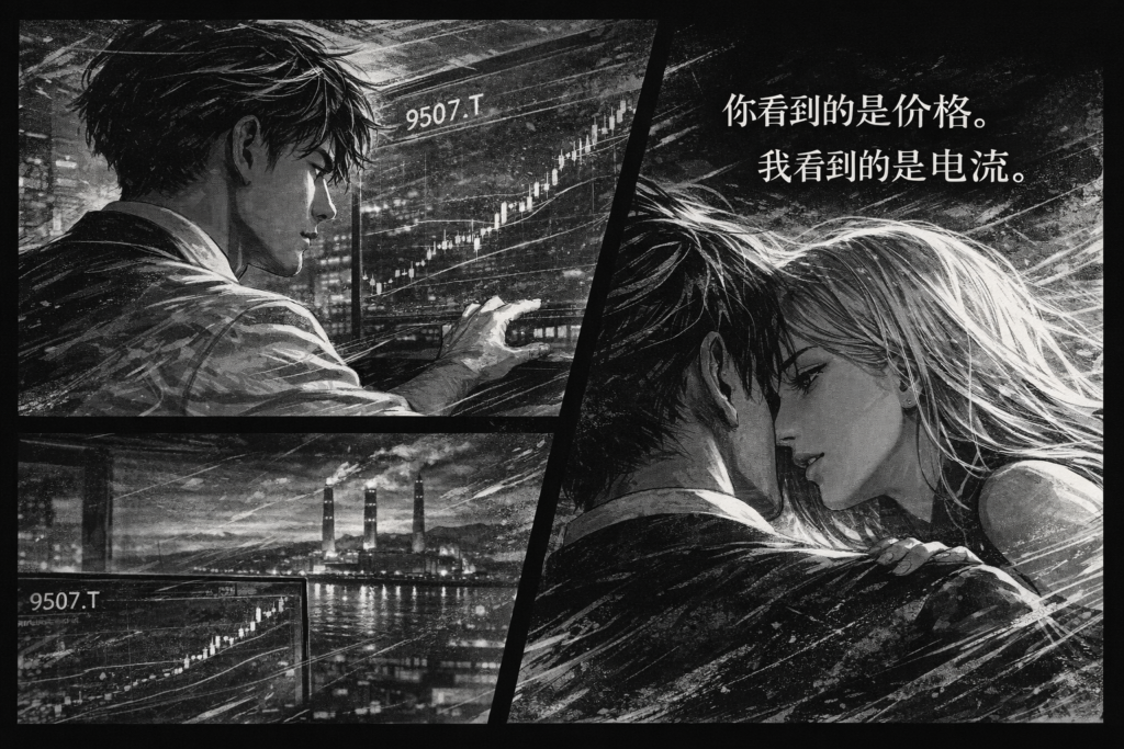 9507.T 四国電力 テクニカル分析、ローソク足と出来高推移、PER 6倍台とPBR 0.61倍の修復過程を示す黒白分镜。MACD・移動平均線と潮汐の比喩を重ねた構造回復シグナルの視覚表現。