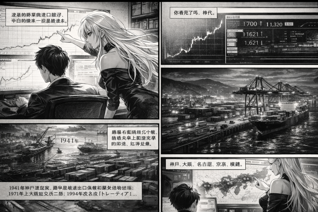 9365.T ｜ トレーディア(株) 技术面分镜。神代盯着分时与月足上冲，Zero指向高位区，强调“薄商い”与追价窒息感。テクニカル分析・ローソク足・移動平均線・出来高・月足チャート・高値圏の値動きを、黑白日式漫画分镜で表現した一枚。