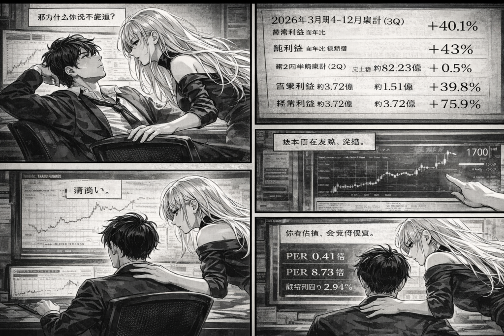 9365.T ｜ トレーディア(株) 基本面分镜。3Q増益、2Q加速、受取配当金の営業外収益、PER・PBR・配当利回りの“便宜错觉”被并列展示，Zero提醒“好公司不等于好位置”。決算・業績・経常利益・純利益・PER・PBR・配当利回りを、剧情张力のある金融漫画として可視化。